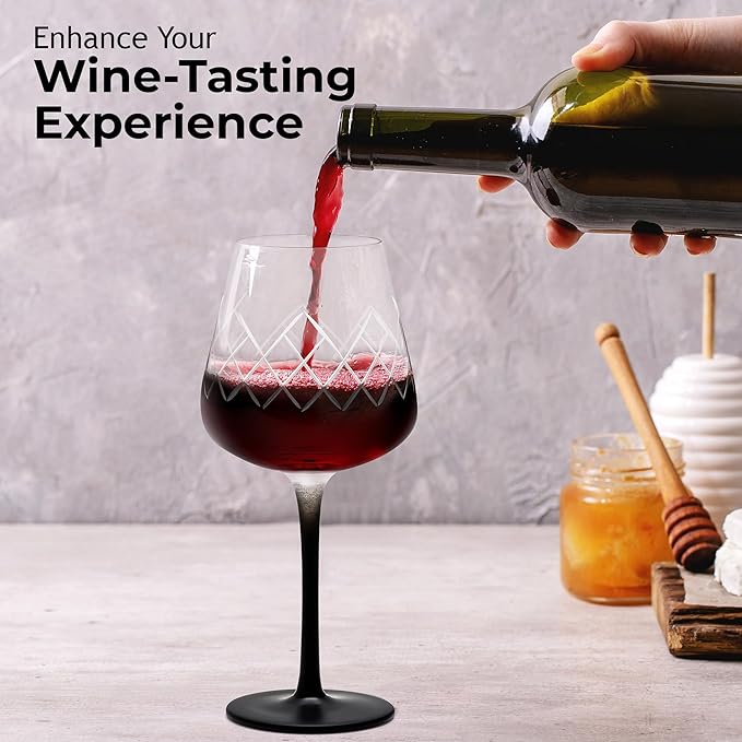 MIAMIO Premium Crystal Wine Glasses, Set of 4 with Black Long Stem Crystaluna Collection (Red Wine)