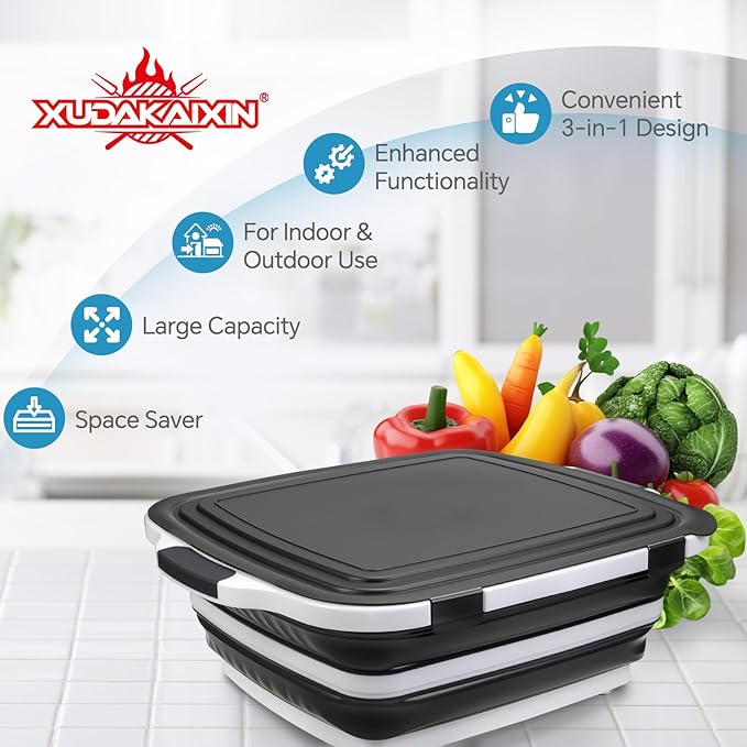 Collapsible BBQ Prep Tub for Meal Prep, Marinating, and Food Storage - Includes Cutting Board and Locking Lid,Ideal Gifts for Christmas,Dad,mother (X-Large) Black