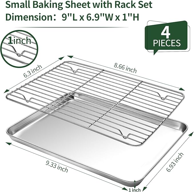 Small Baking Sheet with Cooling Rack Set [2 Baking Pans + 2 Wire Racks], CEKEE Stainless Steel Cookie Sheets for Baking, Heavy Duty & Dishwasher Safe Baking Sheets for Oven, Size 9 x 7 x 1 Inch