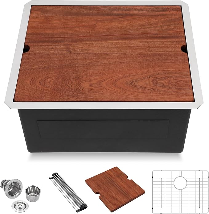 Lordear 21 Undermount Kitchen Sink -21x19 Inch Undermount Bar Sink Stainless Steel 16 Gauge Ledge Workstation Handmade RV Camper Mobile Home Kitchen Sink Basin with Full Cover Cutting Board