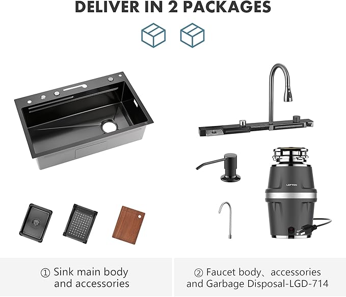 Lefton 29.5"x 18.25" Single Bowl Stainless Steel Kitchen Sink KS2206 with 3/4 HP Continuous Feed Garbage Disposal LGD-714