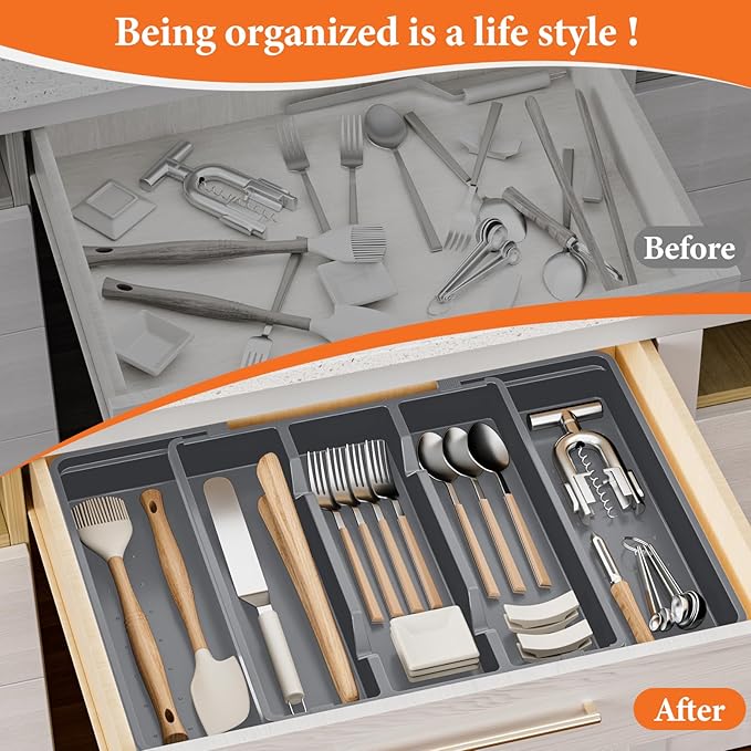 Silverware Organizer, Expandable Utensil Drawer Organizer for Kitchen Drawers, Kitchen Drawer Organizer for Spoons/Forks/Knives, Multipurpose & BPA Free Cutlery Tray, Grey, 2 Pack