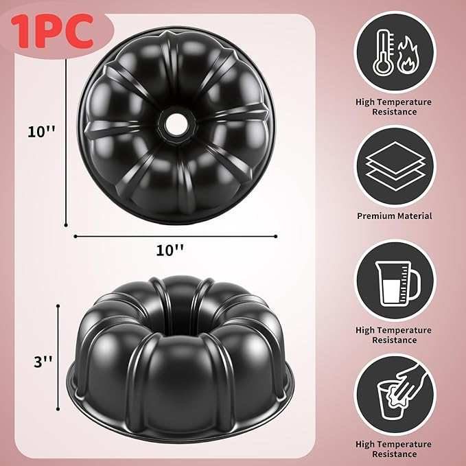 Bundt Cake Pan, 10-Inch Nonstick Round Fluted Tube Cake Baking Pan, Buntz Pound Cake Mold,Tube Bakeware,Baking Mold for Jello/Gelatin/Chocoflan/Flan, Non Toxic, Easy Clean - Black