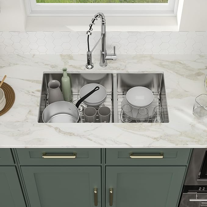 Logmey 33 Double Undermount Kitchen Sink - 33x19 Inch Bowl Kitchen Sinks 60/40 16 Gauge Stainless Steel 33x19x9 In