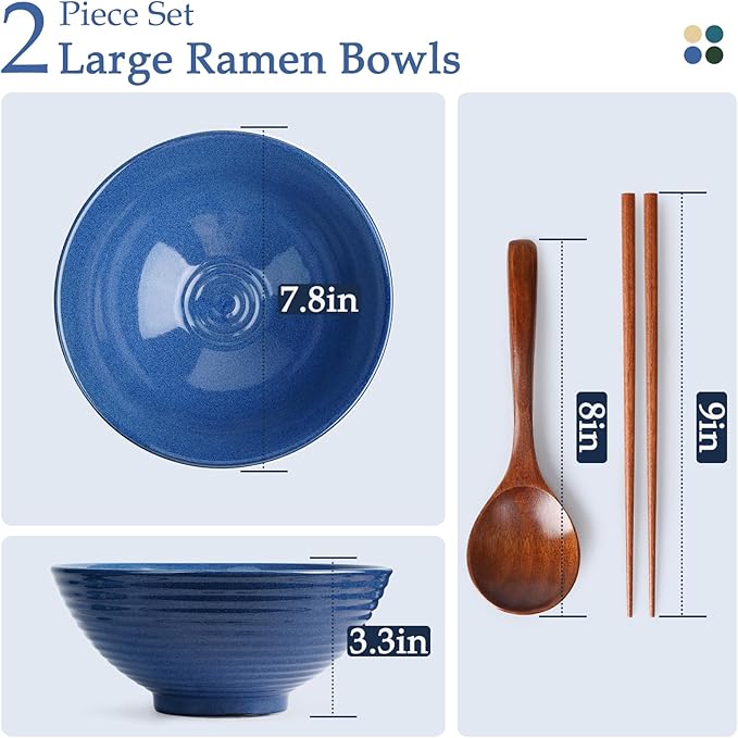 NUTRIUPS 8 Inch Ceramic Ramen Bowl Set of 2 Pho Bowls 40oz Japanese Noodle Udon Soup Bowls with Spoons and Chopsticks (Sapphire Blue)