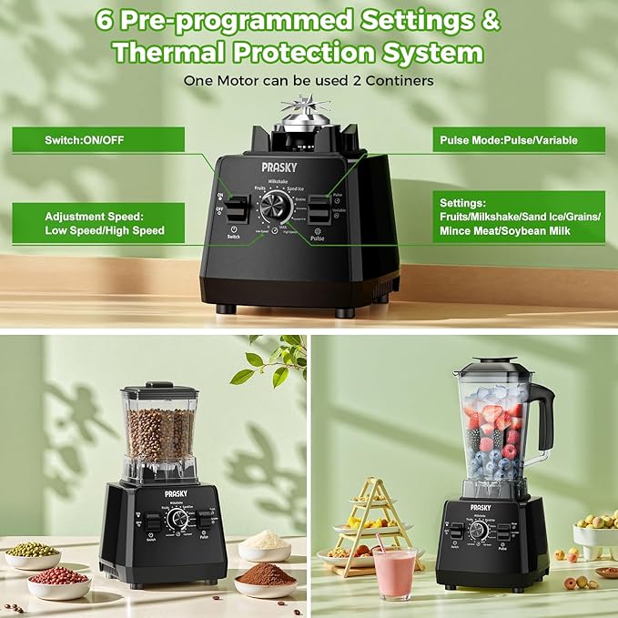 Professional Blender,Smoothies Blenders, PRASKY Max.2400Watts/1000Watts Blender and Grinder Combo 25000RPM Powerful Kitchen 68oz BPA Free 2 Containers Countertop Blenders Ice Crushing