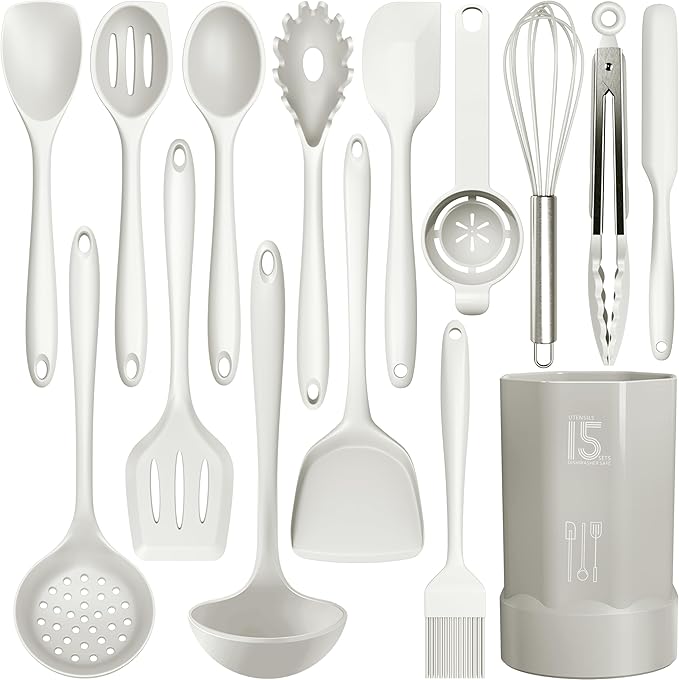 Silicone Cooking Utensils Set - 446°F Heat Resistant Silicone Kitchen Utensils,Spatula,Spoon, Kitchen Utensil Sets Gadgets Tools Set for Nonstick Cookware,Dishwasher Safe Bpa Free (Cream White)