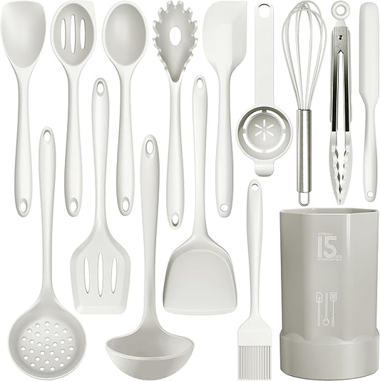 Silicone Cooking Utensils Set - 446°F Heat Resistant Silicone Kitchen Utensils,Spatula,Spoon, Kitchen Utensil Sets Gadgets Tools Set for Nonstick Cookware,Dishwasher Safe Bpa Free (Cream White)