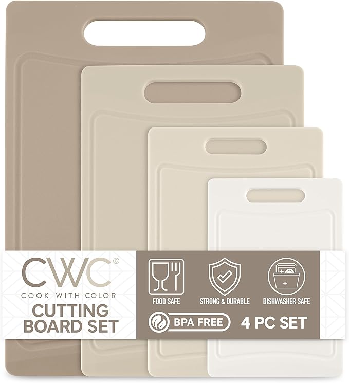 COOK WITH COLOR Non-Slip Cutting Board Set – Kitchen Essentials with Easy Grip Handle for Meat, Veggies, and Fruits, 4 Cutting Boards, Brown