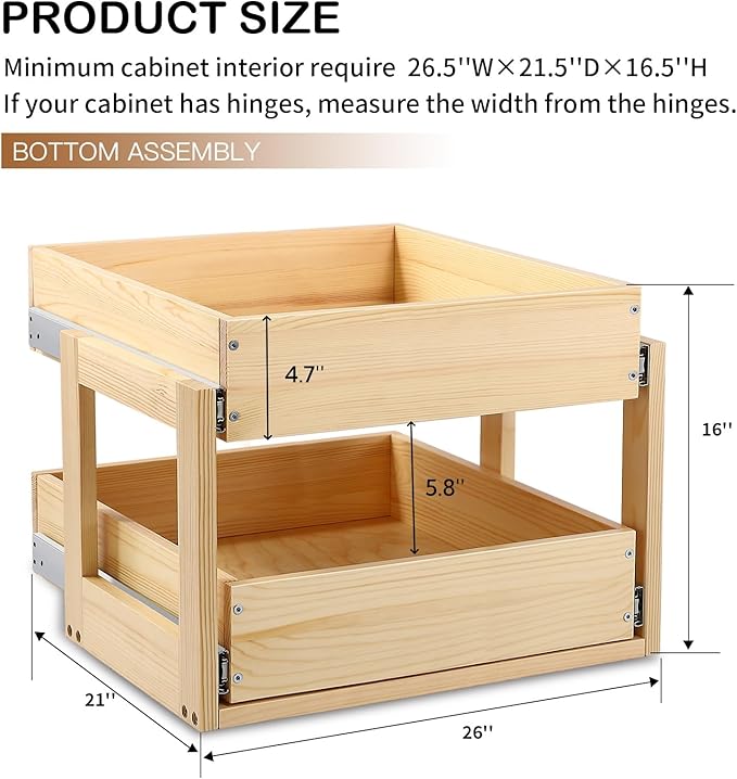 Pull Out Cabinet Organizer, 26''W×21''D×16''H Soft Close Slide Out Wood Drawer Shelves Storage for Kitchen, 2-Tier, Finished, Heavy-Duty, Bottom Assembly