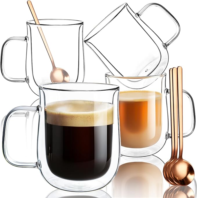 Double Walled Glass Coffee Mugs 12 oz, Glass Coffee Cups Set of 4 with Spoons, Clear Coffee Mug with Handles for Hot Beverages, Cappuccino, Latte, and Tea Bags.