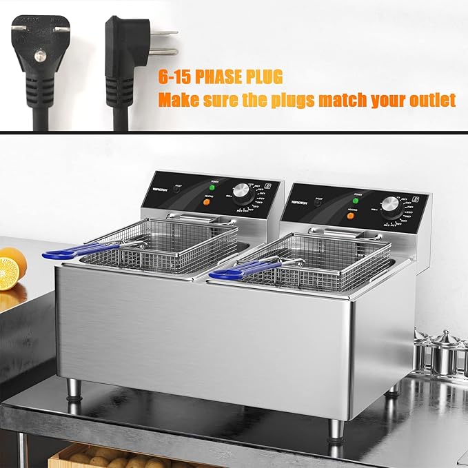 Deep fryer Commercial Deep Fryer 12L x 2/25.4QT Dual Tank Electric Deep Fryers with Basket Electric Countertop Fryer for Restaurant with 2 Frying Baskets, 3300W x 2, 240V Two 6-15 Phase Plugs