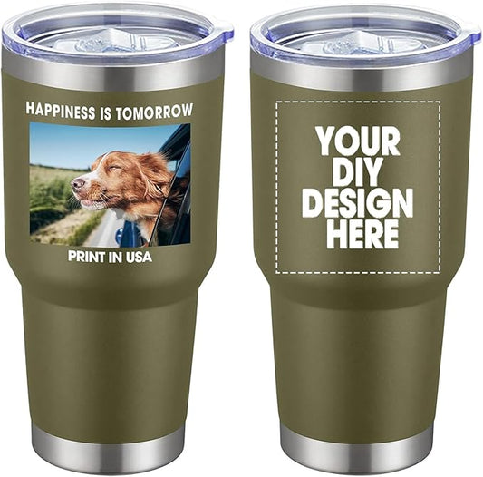 Personalized Custom Tumbler Print in USA 30oz Stainless Steel Coffee Cup with Lid & Straw Double Wall Insulated Tumbler with Colorful Text Logo Photo