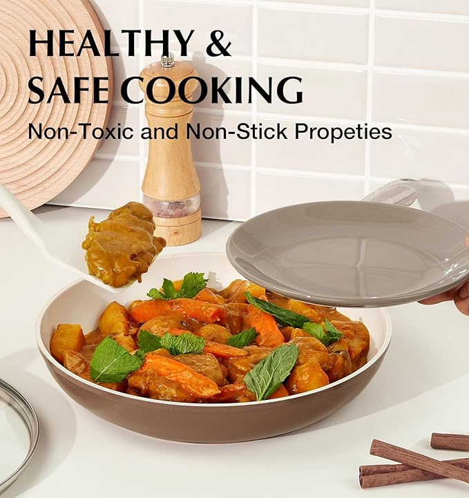 KOCH SYSTEME CS 10 Inch Nonstick Frying Pan with Lid, Ceramic Non Stick Frying Pans, Non Toxic Pans for Cooking, Induction Compatible Skillet, Free of PFOA & PTFE, Dishwasher & Oven Safe, Brown