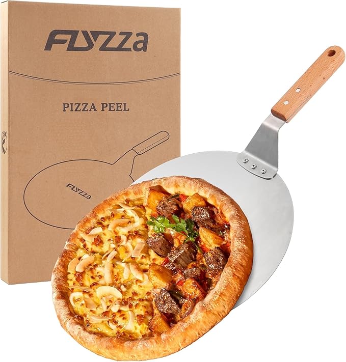 12 Inch Stainless Pizza Peel, Pizza Spatula with Ergonomic Long Wood Handle for Pizza Oven Baking, Turing Peel for Pizza, Dough, Bread Pastry