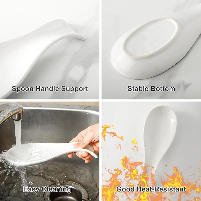 Hasense Spoon Rest for Stove Top, Cooking Spoon Holder for Kitchen Counter, Porcelain Utensil Rest for Spatula, Ladle and Tong, Modern Classic Kitchen Coffee Bar Decor, White