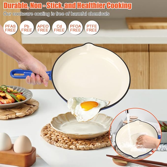 Enameled Cast Iron Cookware Set, 7-Pcs Pots and Pans with Lid, Skillet, Frying Pan, Saucepan & Dutch Oven for All Stovetops, PFA Free - Ideal for Sourdough Bread Baking, Cobalt Blue