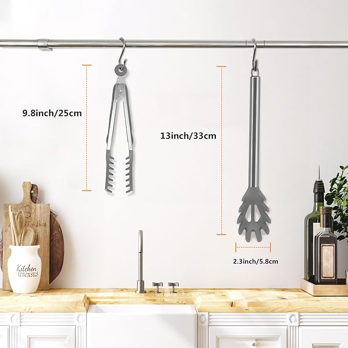 2 Pieces Spaghetti Spoon and Pasta Tong,Non-stick 13 Inch Silicone Spaghetti Fork and 9.8 Inch Stainless Steel Handle Spaghetti Tong Food Clip for Spaghetti Noodle (Grey)