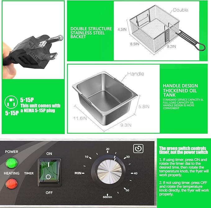 Electric Deep fryer Stainless Steel Deep Fryer with Basket & Lid Capacity 10L(10.5QT) Electric Countertop Fryers for Home Kitchen and Restaurant with 60 Minute Timer, 1800 Watts, 120V