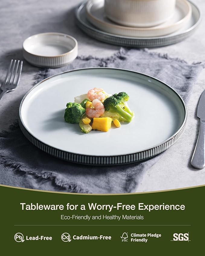 famiware Star Dinnerware Set, Plates and Bowls Sets for 4 (12pcs), Ribbed Stoneware Dishes - Chip & Scratch Resistant, Microwave & Dishwasher Safe, Multicolor - Cappuccino White & Smoky Blue