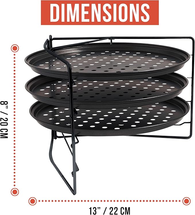 Chef Pomodoro Pizza Baking Set with 3 Pizza Pans & Pizza Rack, 13-Inch, Non-stick Pizza Stand & Pizza Tray for Oven, Grill, Pizza Pan with Holes, Perforated Pizza Pan for Oven, Barbeque