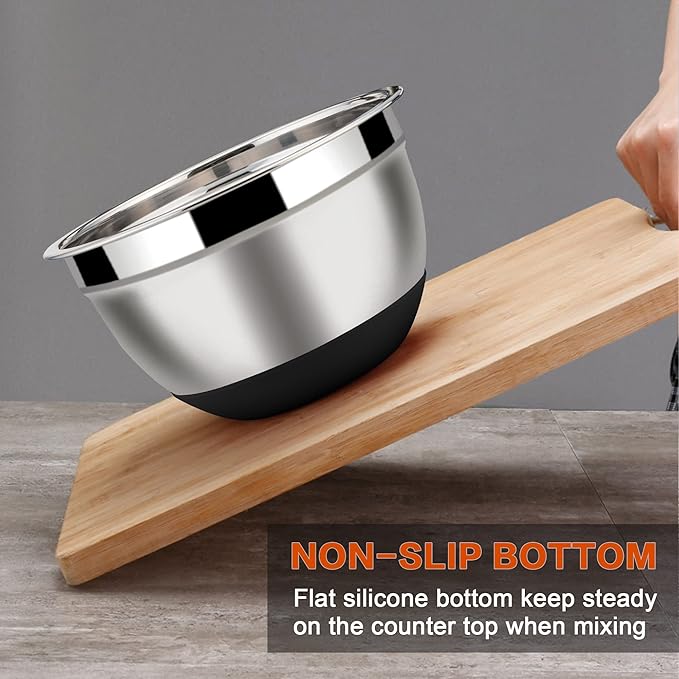 LIANYU Stainless Steel Nesting Mixing Bowls Set of 6, Size 7, 3.5, 2.5, 2, 1.5, 1QT, Large Metal Bowls with Airtight Lids, Ideal for Baking Cooking Food Storage, Non-slip Bottom, Black