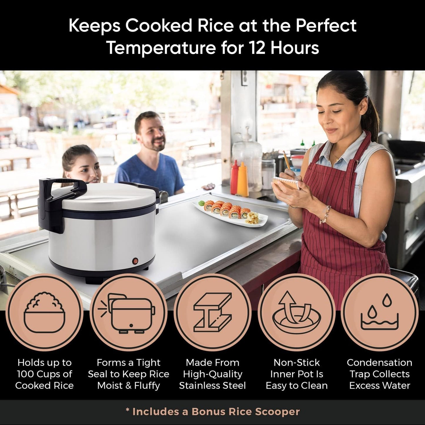 Tartle Commercial Rice Warmer and Soup Warmer - Warms 64 Cups Continuously for 12+ Hrs - Large Capasity, Non Stick & Keeps Rice Fluffy