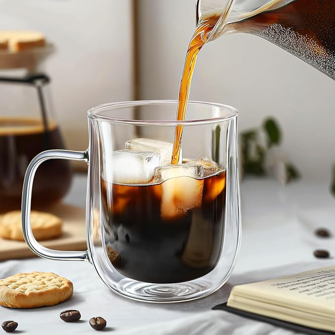 Double Walled Glass Coffee Mugs 12 oz, Glass Coffee Cups Set of 4 with Spoons, Clear Coffee Mug with Handles for Hot Beverages, Cappuccino, Latte, and Tea Bags.