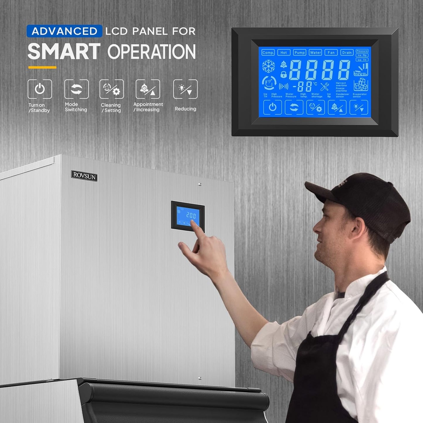 ROVSUN 400LBS/24H Commercial Ice Maker with 300LBS Storage Bin, Commercial Ice Machine with LCD Touch Control Panel & Automatic Cleaning for Restaurant Bar Coffee Shop Home Supermarket