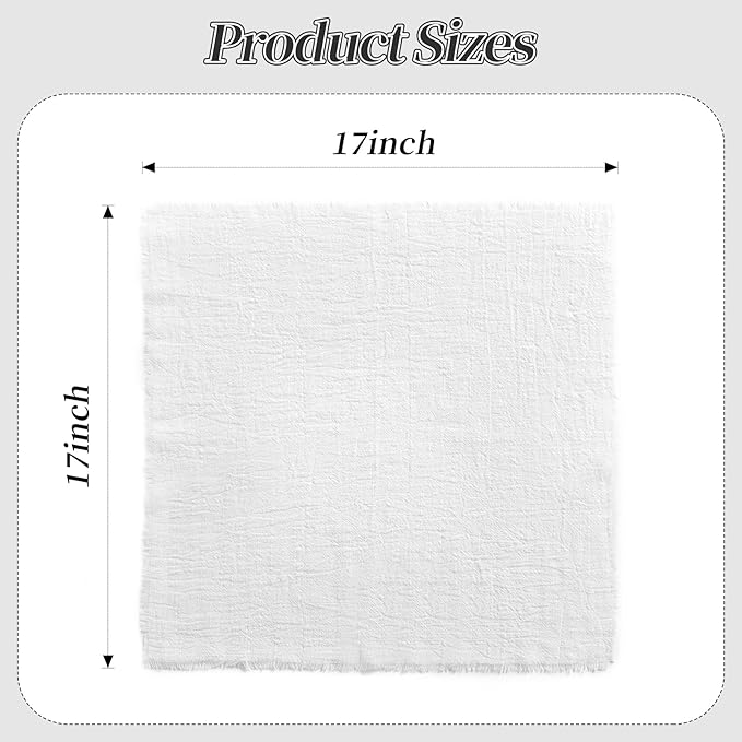 Handmade Cloth Napkins with Fringe, 100% Cotton Napkins, Delicate Handmade Linen Napkins for Dinners, Parties, Weddings and More, 17 x 17 Inch Set of 12 - White