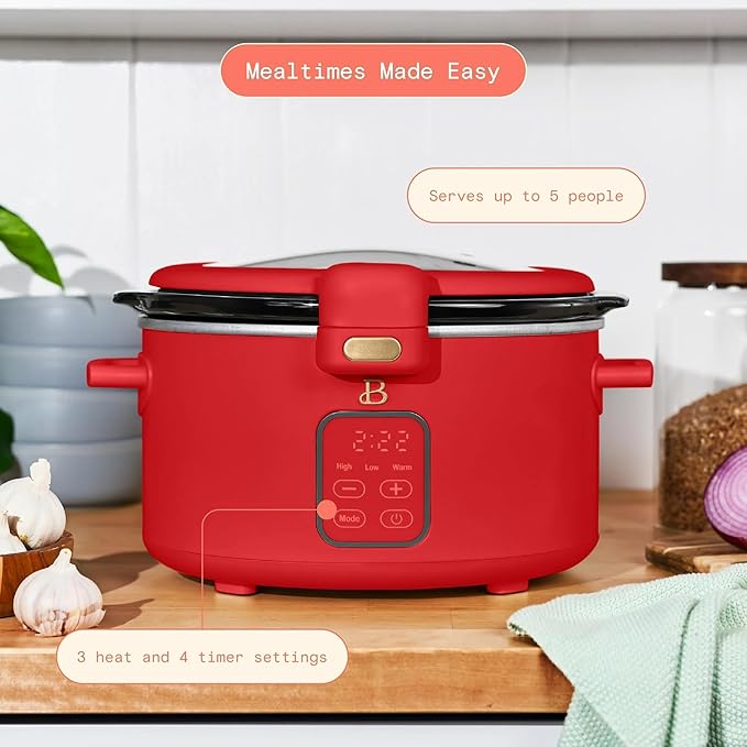 Beautiful 4-Qt Programmable Slow Cooker with Hinged Locking Lid & Touch Display – 3 Heat / 4 Timer Settings (Tomato Red)