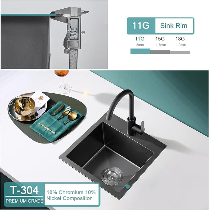 15 inch Drop in Bar Sink Black, Small Topmount Kitchen Sink Single Bowl, Handmade T-304 Stainless Steel Overmount Kitchen Bar Sink with Basket Strainer