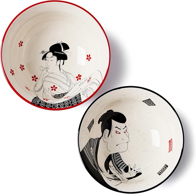 Ramen Bowl Set 45oz, 8inch, Japanese Ukiyo-e Design - Perfect for Ramen, Pho, and Noodles-Durable Ceramic Bowls, Microwave & Dishwasher Safe-Ramen Noodle Bowl Set (Samurai & Geisha)