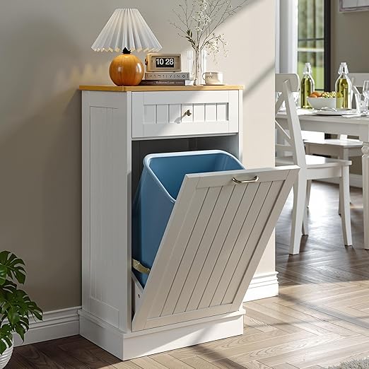 Tilt Out Trash Bin Cabinet Dog Proof Trash Can Holder Kitchen Island Without Garbage Bin or Tilt Out Laundry Hamper (White)