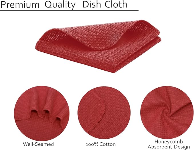 PurpleEssences Dish Cloths and Dish Rags - 6 Pack Waffle Weave Solid Kitchen Dish Wash Cloths, 100% Cotton, 12 x 12 Inches, Ultra Soft Absorbent Quick Drying - Christmas Holiday Winter - Red