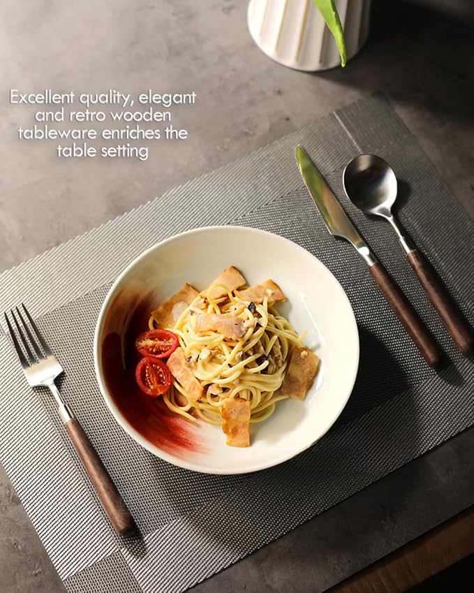 4-Piece Wood Handle Silverware Set - Service for 1, Natural Walnut Wood & 304 Stainless Steel Flatware, Elegant Brushed Finished Brown/Silver Cutlery (1 Set-4 Piece)