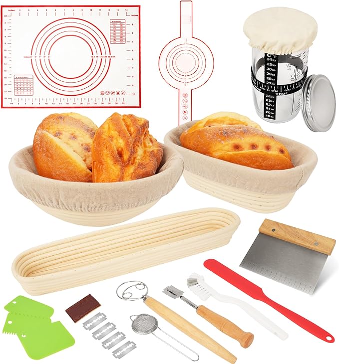 Sourdough Starter Kit - Banneton Bread Proofing Basket & Bowls - 9" Round & 10" Oval & 17" Baguette Sourdough Proofing Basket