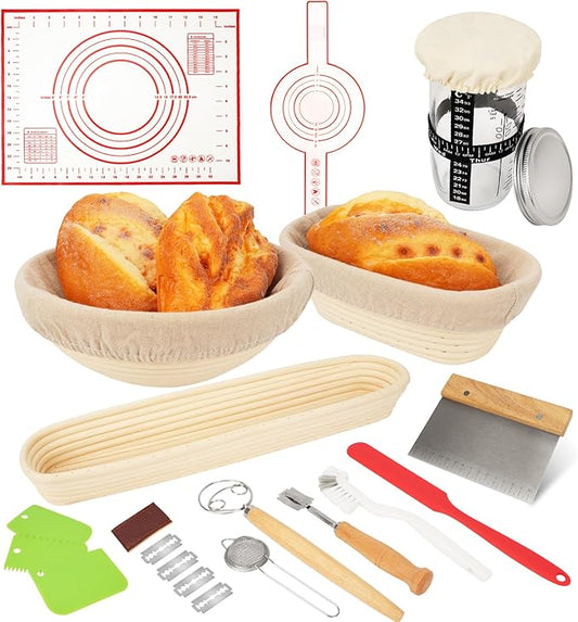 Sourdough Starter Kit - Banneton Bread Proofing Basket & Bowls - 9" Round & 10" Oval & 17" Baguette Sourdough Proofing Basket