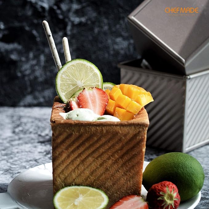 CHEFMADE Mini Pullman Loaf Pan with Lid, 0.55Lb Dough Capacity Non-Stick Rectangle Corrugated Toast Box for Oven Baking 3.9" x 3.9"x 3.9"(Champagne Gold)