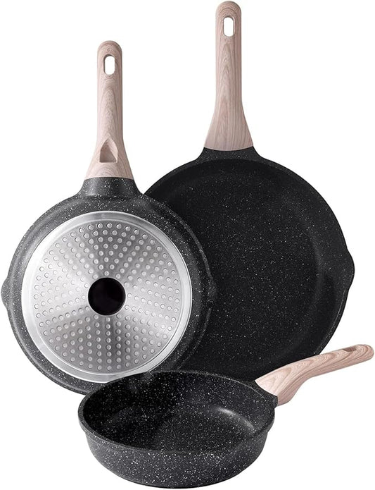 Kordisen Nonstick Frying Pan Set, 3 Piece Skillet Set, Healthy Induction Cookware Cooking Pan, Stay-Cool Handle, Compatible with All Stovetops, PFOA Free (9.5, 11, 12.5 Inch)