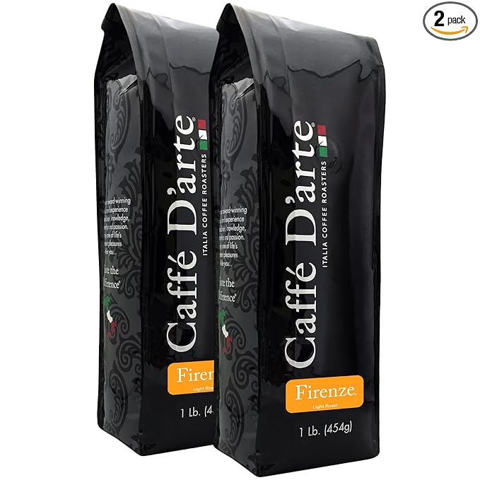Caffe D'arte Firenze Whole Bean Espresso Coffee – Medium Light Roast, Bright & Mild Flavor, Sweet & Smooth Aroma – Crafted for Espresso & Americanos, 1 Pound Bag, Pack of 2