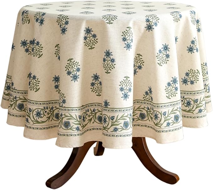 Floral Tablecloth for Round Tables,Linen Table Cloth with Blue Flowers and Green Leaves Pattern,Heavy Durable Table Cover for Dining Kitchen Decor Party Christmas,Diameter 55"