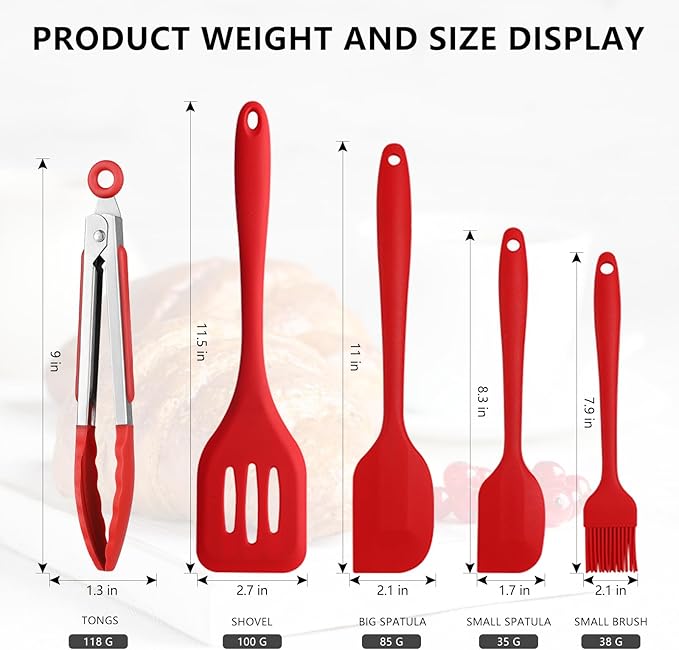 NileHome 4 Pack Silicone Spatula and Grilling Tongs Kitchen Utensils with Silicone Brush Heat Resistant BPA-free Rubber Spatula for Scraping, Baking, Cooking, Mixing-Red