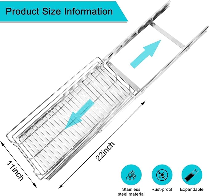 Pull Out Cabinet Organizer 11" W X 22" D, Slide Out Drawers For kitchen organizers and storage, Pull Out Drawers For Cabinets Capacity Heavy Duty Caddy, Cabinet Shelves Chrome-Plated, Bathroom Pantry