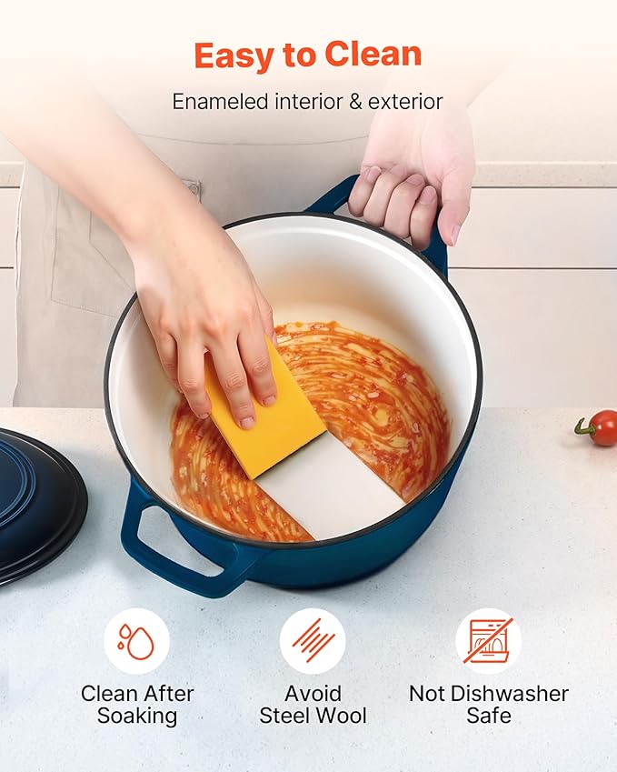 VEVOR Enameled Cast Iron Dutch Oven, 6 Quart Pot with Lid and Dual Handles, Heavy-Duty Durable Cookware Pan, Oven Induction Compatible up to 500℉, for Braising, Stews, Roasting, Bread Baking, Blue