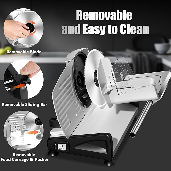 OSTBA Meat Slicer with Quiet DC Motor, 200W Electric Deli Slicer, Dual 7.5'' Stainless Steel Blades, 0-15mm Adjustable Thickness, Easy to Clean, Ideal for Meat, Cheese, Bread, and Vegetables