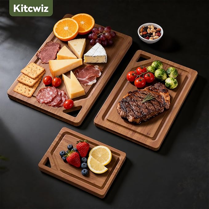 Bamboo Cutting Boards for Kitchen, [Set of 3] Wood Cutting Boards with Deep Juice Grooves, Built-in Handles & Holder, Charcuterie board & Chopping board for Meat, Vegetables and Fruits,Brown