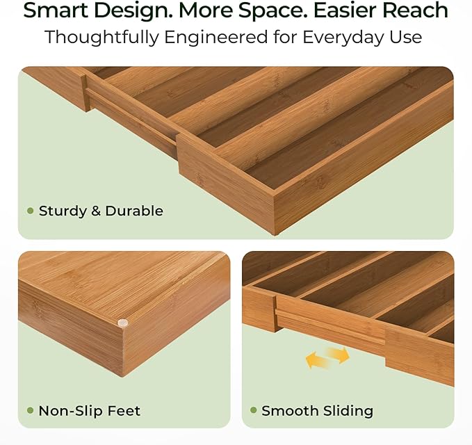 Carbonized Bamboo Kitchen Drawer Organizer, 5 Slots Expandable Silverware Organizer, Utensil Holder & Cutlery Tray, 2.2" Deep for Extra Capacity, Non-Slip Feet Included