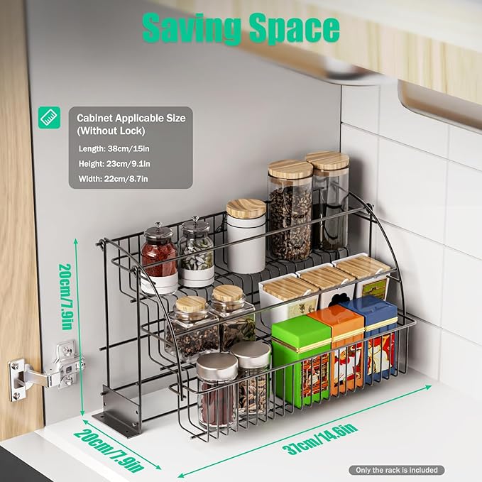 3 Tier Pull Down Spice Rack, Pull Out Spice Organizer Shelf for Kitchen, Pantry, Bathroom, Large Capacity Drop Down Spice Shelf Retractable Organizer Holds Seasoning Jars Bottles Cosmetics