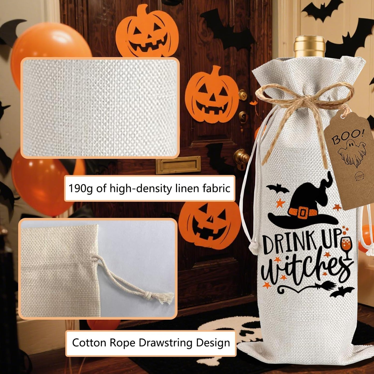 1Pcs Drink Up Witches Gifts Wine Bag,Halloween Wine Bag Halloween Gifts Party Decorations for Women Men with 1Pcs Kraft Blessing Cards and natural jute rope